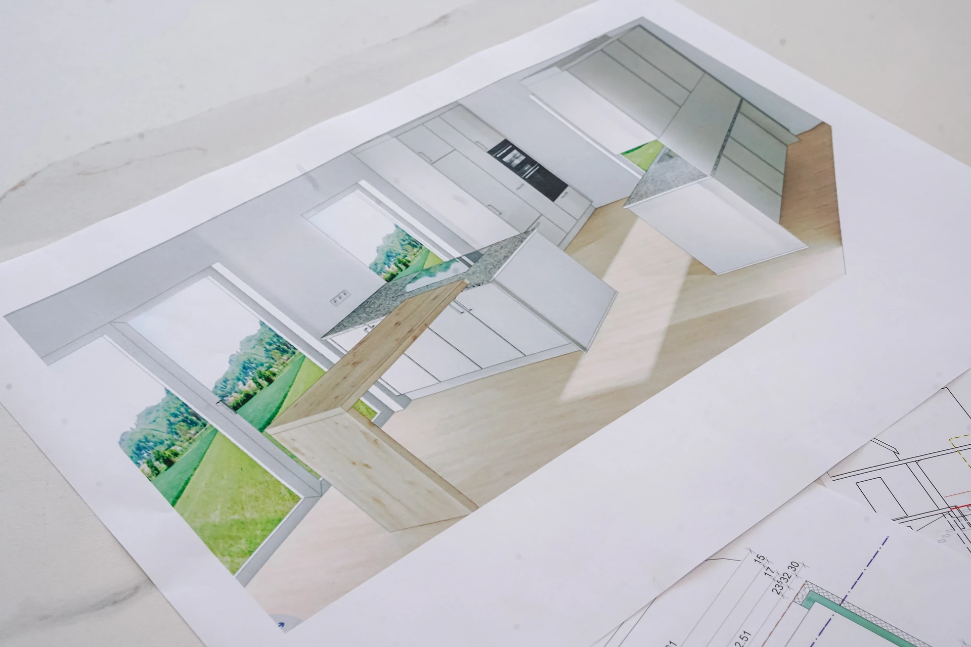 3D-Ansicht einer geplanten Küche auf dem Beratungstisch